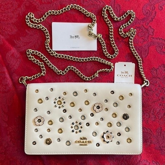 Coach Handbags - Brand New Genuine Leather Coach Chalk Flower Metal Studded Chain Crossbody Purse